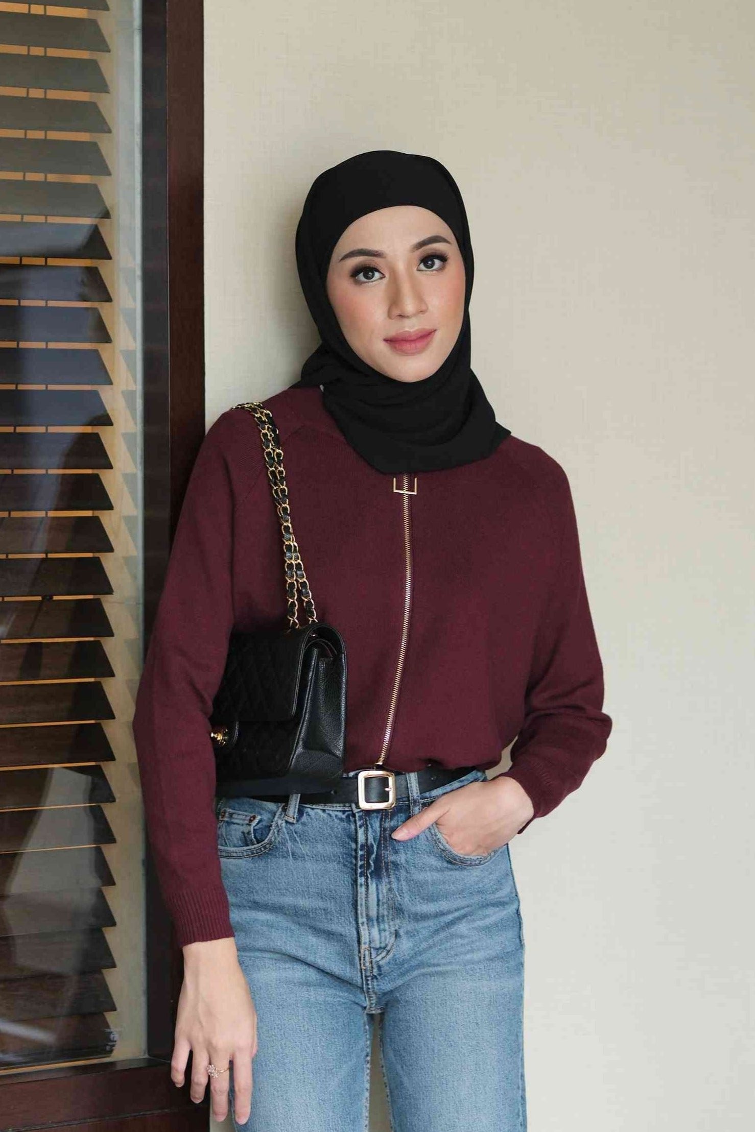Bomber Cardy Knit - Maroon - Cardigan Zipper Wanita Bahan Soft Knit Premium