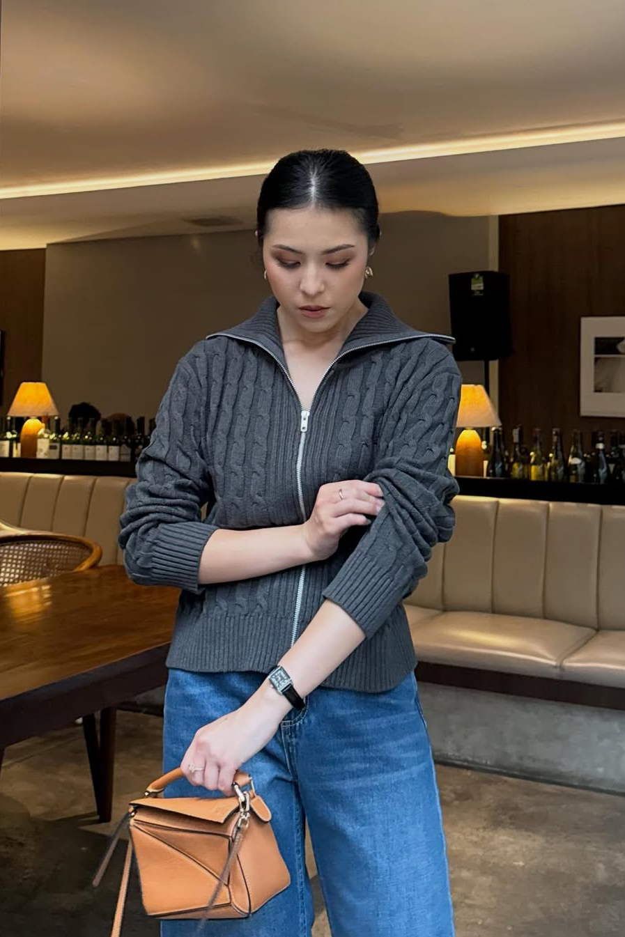 Cable Knit Jacket - Jacket Wanita Berkerah Bahan Knit