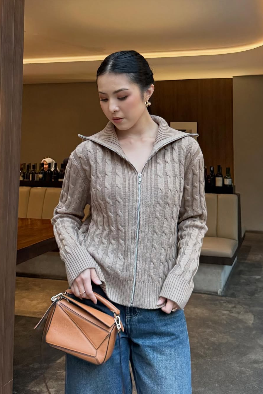 Cable Knit Jacket - Jacket Wanita Berkerah Bahan Knit