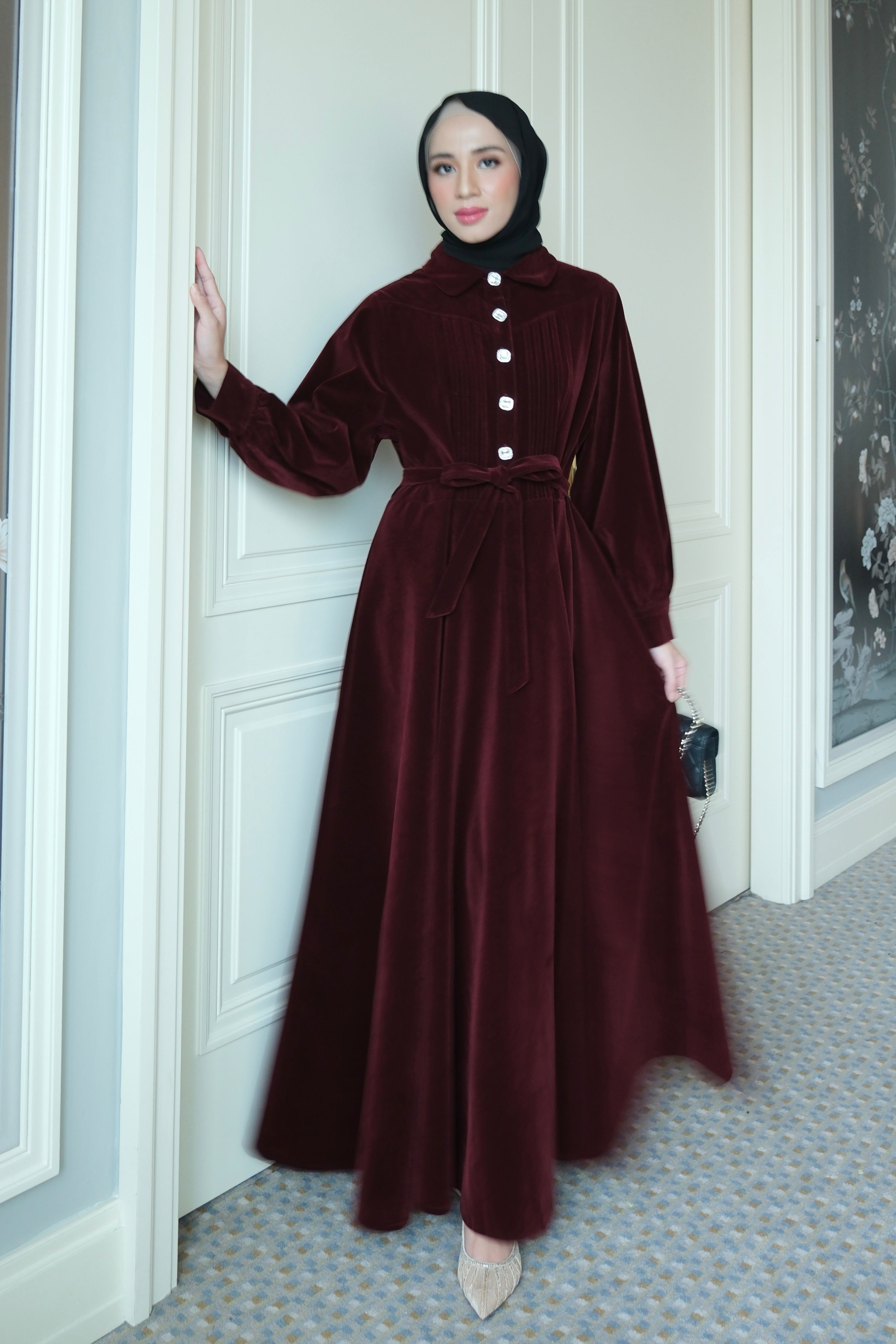 Elysia Dress - Maroon - Maxi Dress Bahan Beludru