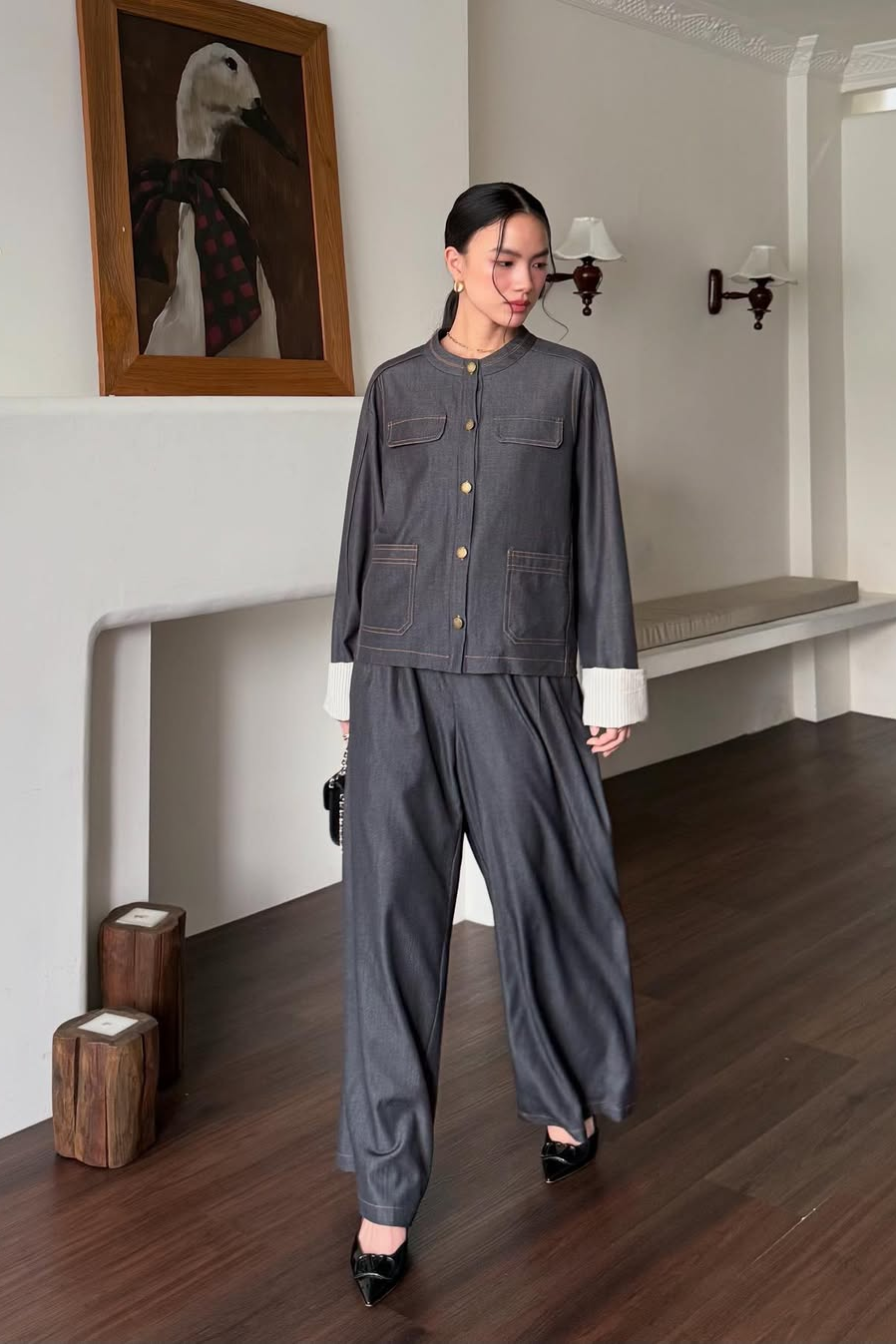 Pocket Denim Set - One Set Wanita Timeless Bahan Denim Import