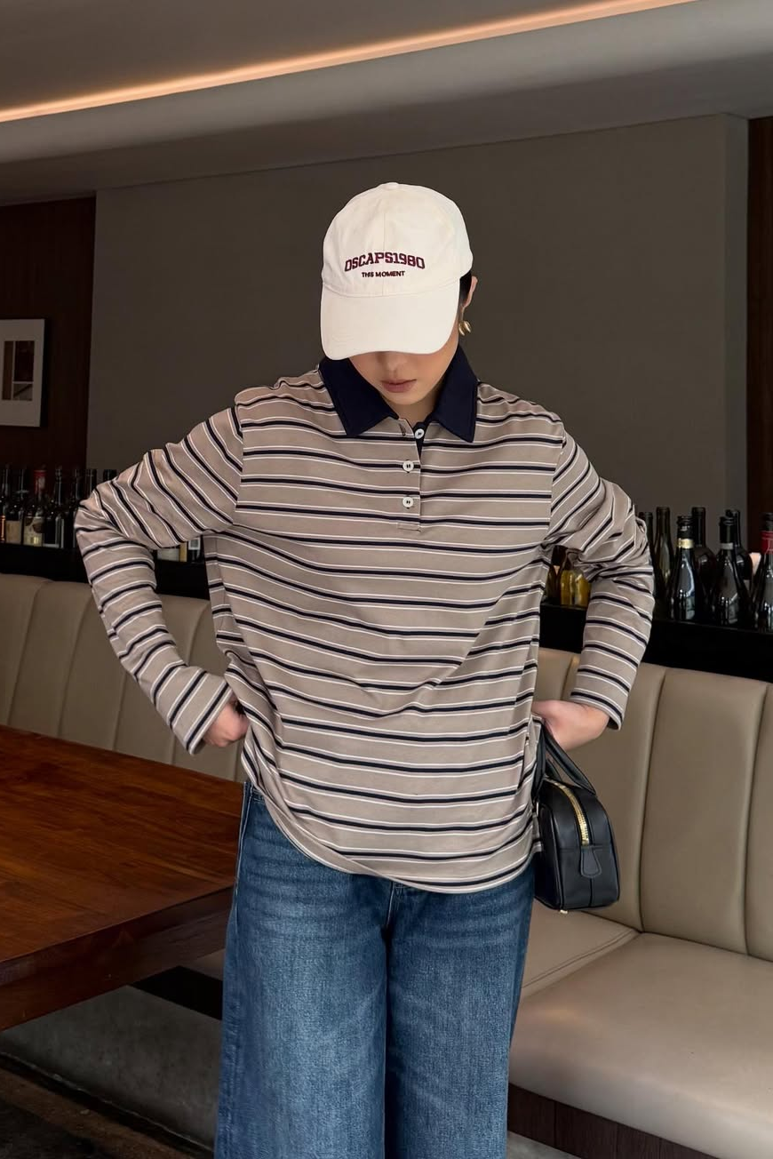 Polo Stripe T-Shirt - Atasan Wanita Stripe Berkerah