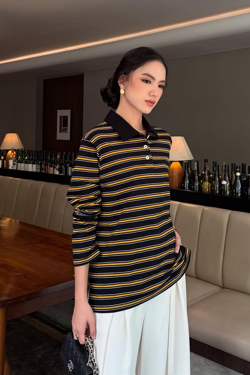 Polo Stripe T-Shirt - Atasan Wanita Stripe Berkerah