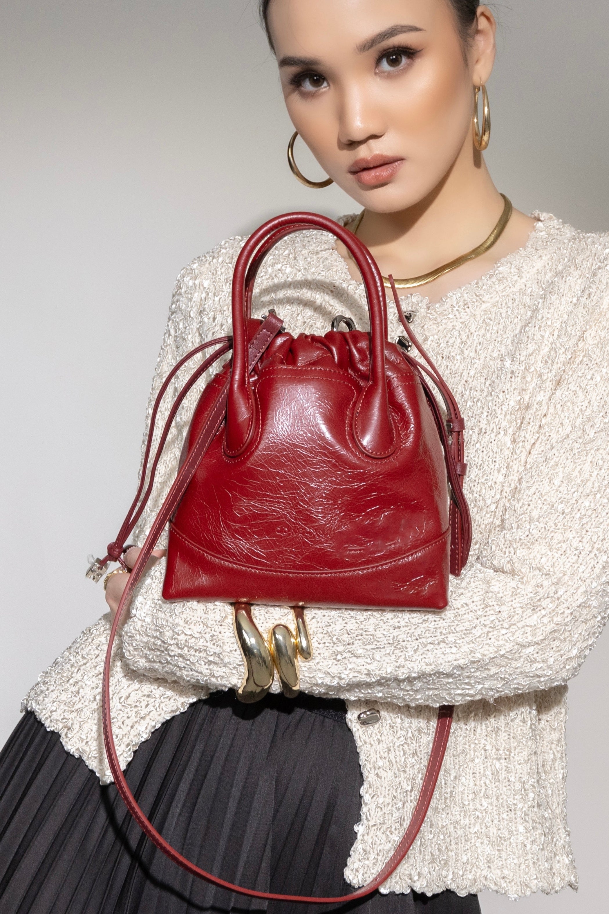 Mini Tote String Bag - Mini Tote Bag Wanita Bahan Grain Leather