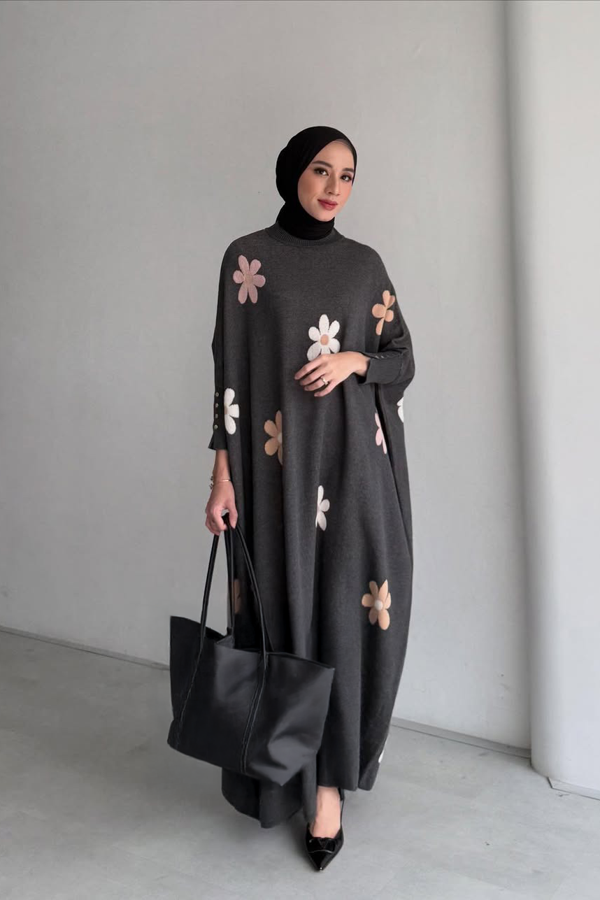 Batwing Blossom Dress - Dress Batwing Motif Bunga Bahan Cotton Knit