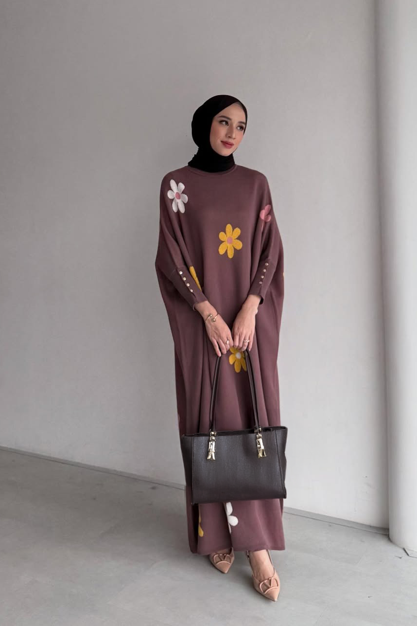 Batwing Blossom Dress - Dress Batwing Motif Bunga Bahan Cotton Knit