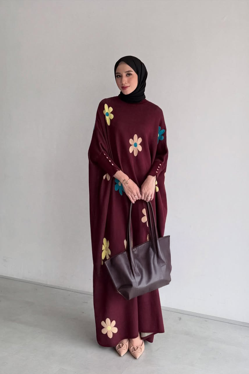 Batwing Blossom Dress - Dress Batwing Motif Bunga Bahan Cotton Knit