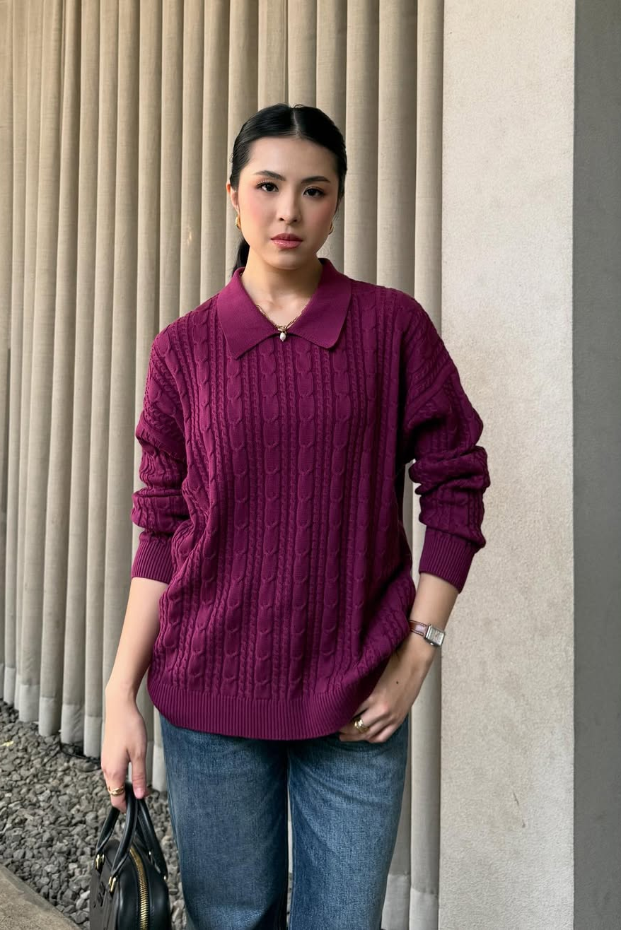 Polo Cabel Sweater - Sweater Wanita Berkerah Bahan Knit