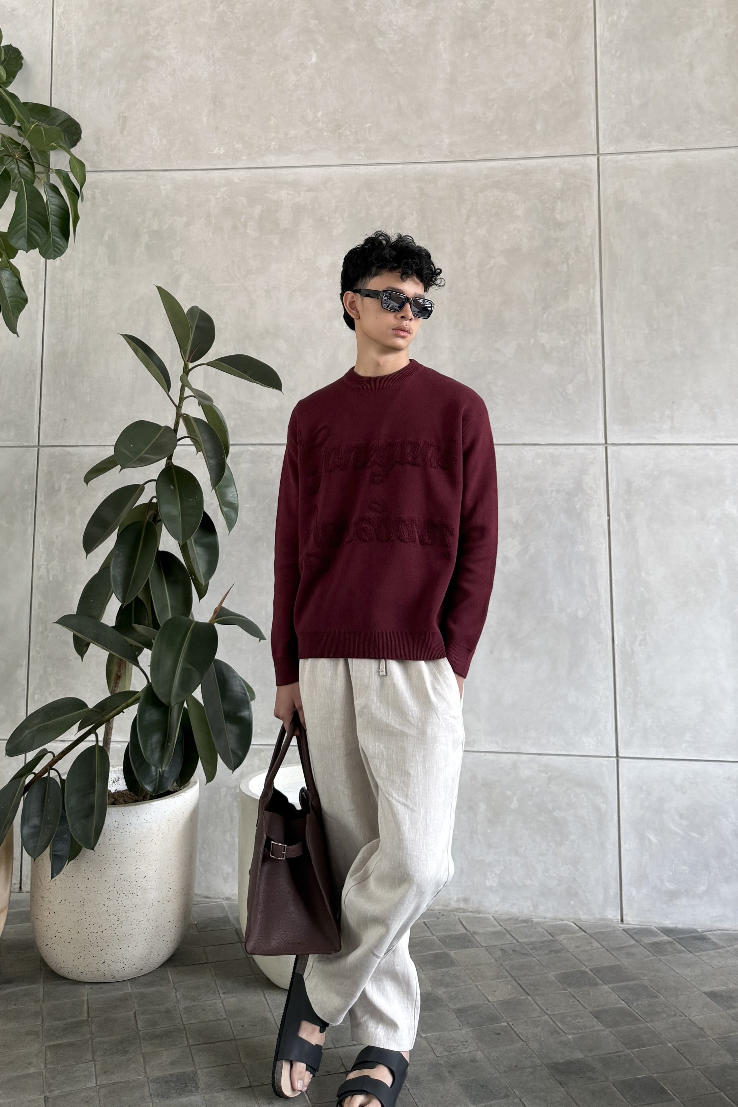 Boxy Sweater - Maroon - Sweater Unisex Bahan Cotton Knit Premium