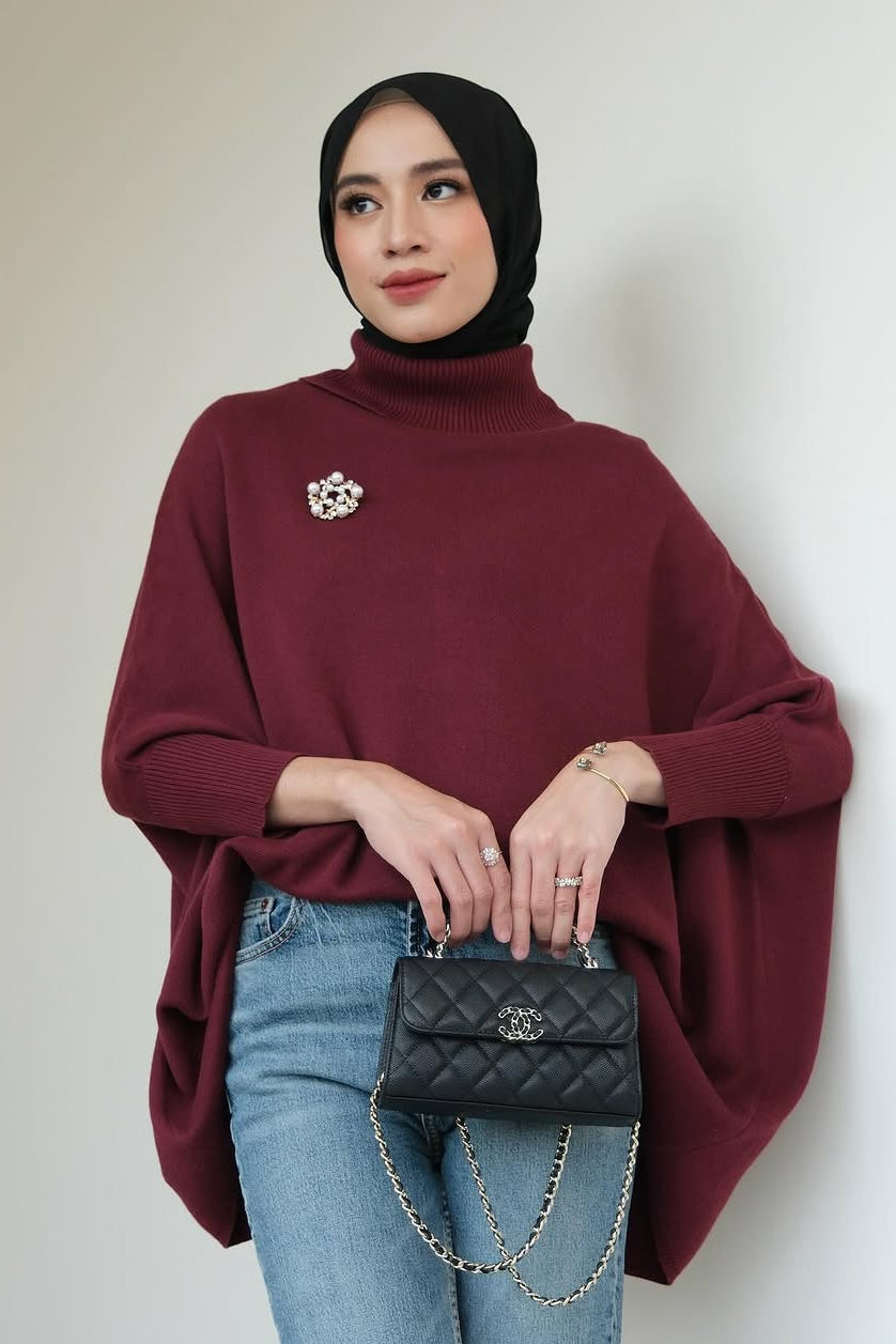 Kate Sweater - Maroon - Sweater Batwing Kerah Turtleneck Bahan Knit