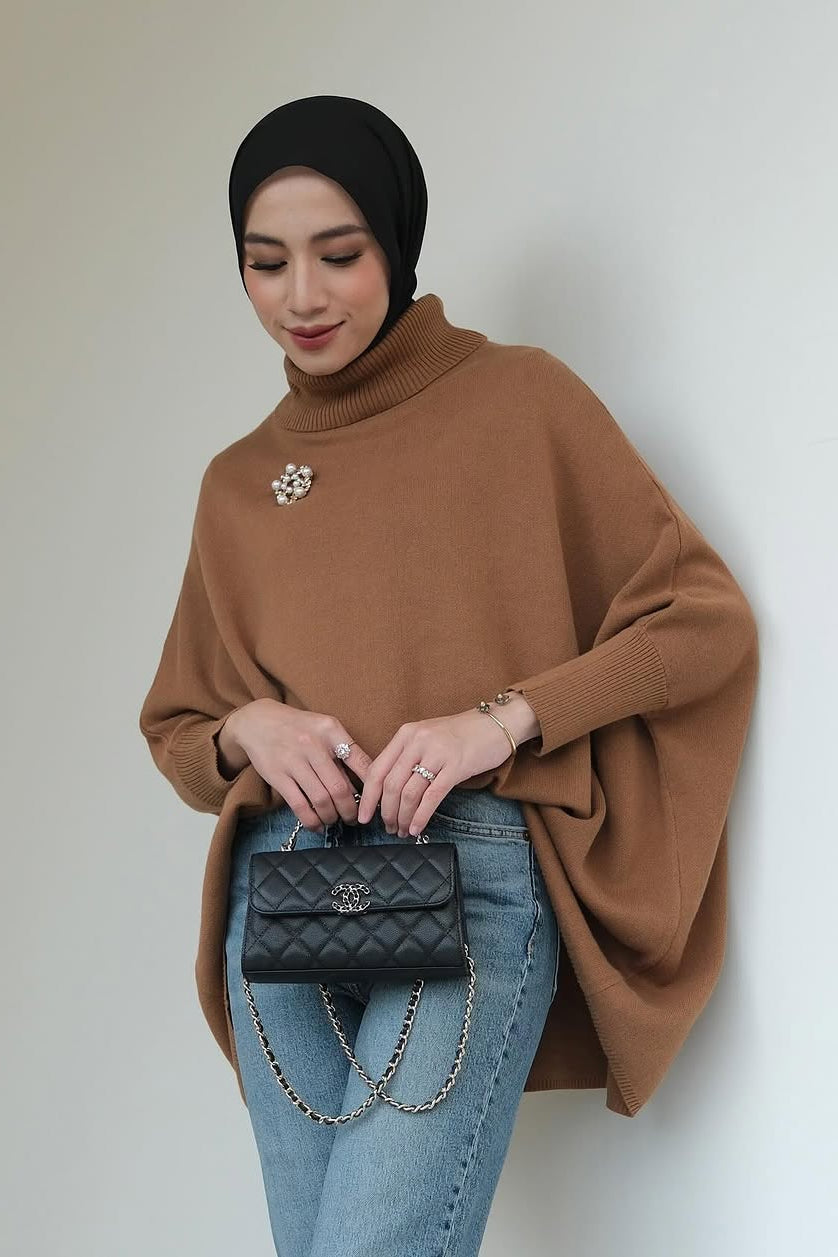 Kate Sweater - Brown - Sweater Batwing Kerah Turtleneck Bahan Knit