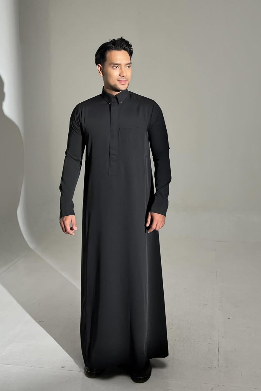 Thalib Thobe - Black - Gamis Pria Kerah Lengan Panjang