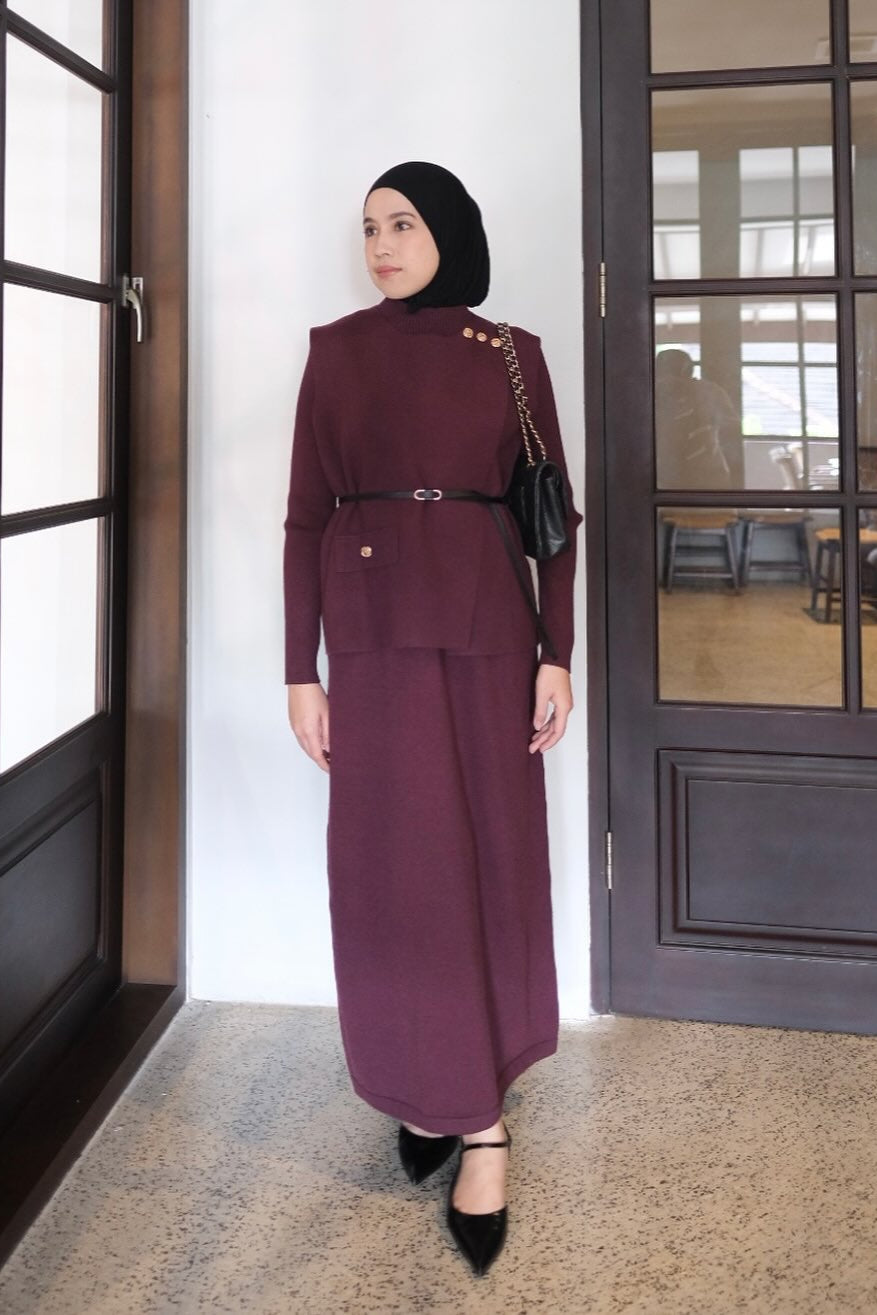 Jeana Set Vest - Burgundy - Set Vest Rajut Premium Wanita Setelan