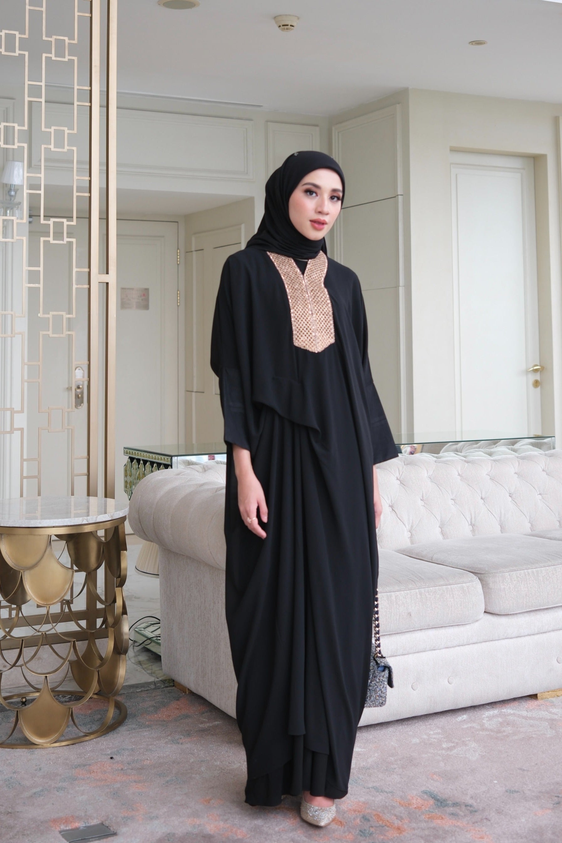 Kenari Kaftan - Black - Kaftan Ramadhan Hari Raya Aplikasi Leher