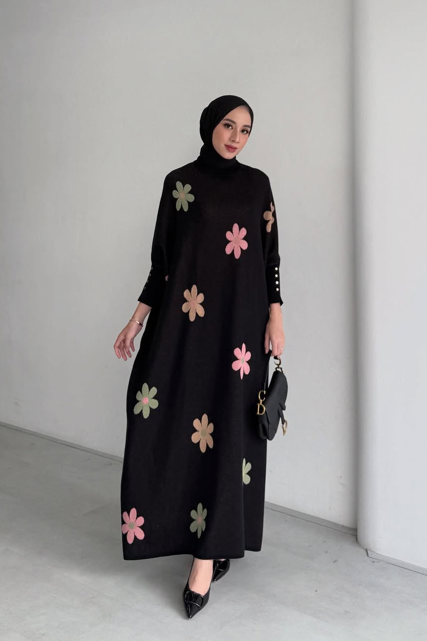 Batwing Blossom Dress - Dress Batwing Motif Bunga Bahan Cotton Knit