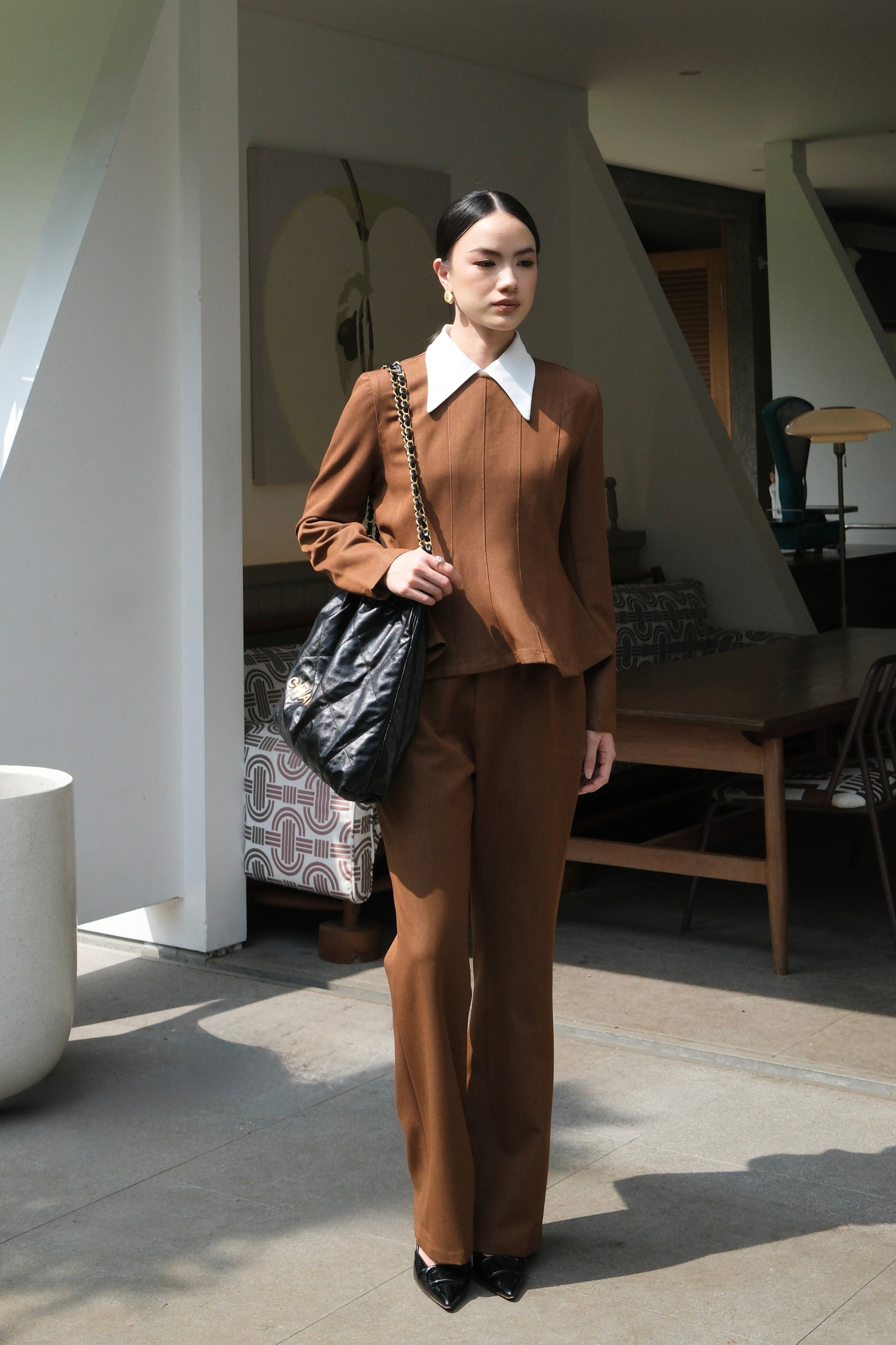 Tailored Set - One Set Atasan Garis Vertikal & Celana Highwaist Wanita Elegant Look