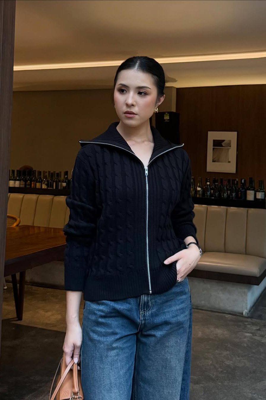 Cable Knit Jacket - Jacket Wanita Berkerah Bahan Knit