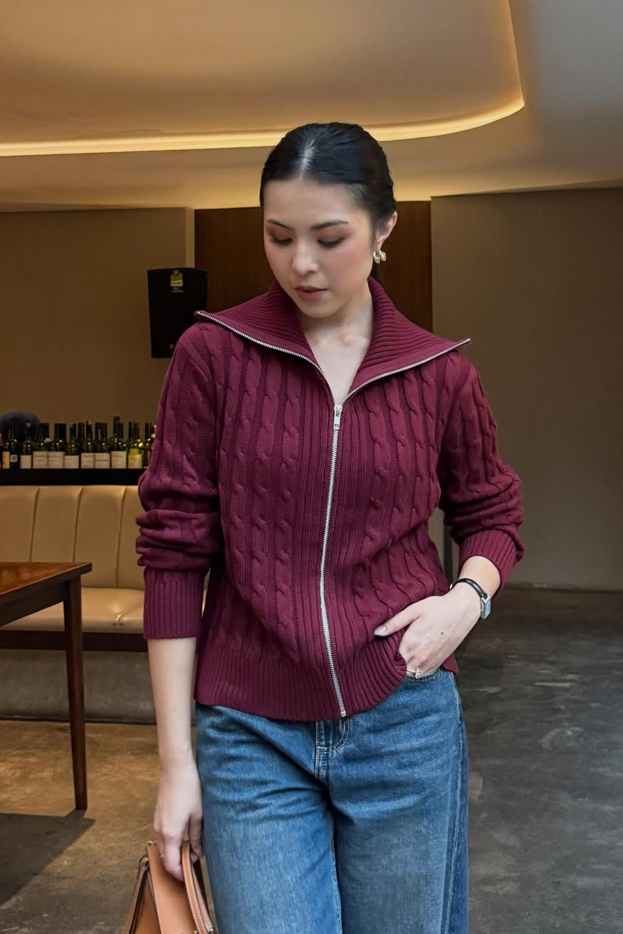 Cable Knit Jacket - Jacket Wanita Berkerah Bahan Knit