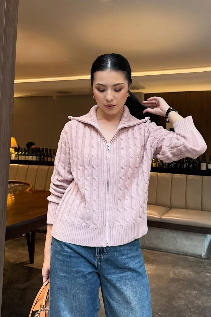 Cable Knit Jacket - Jacket Wanita Berkerah Bahan Knit