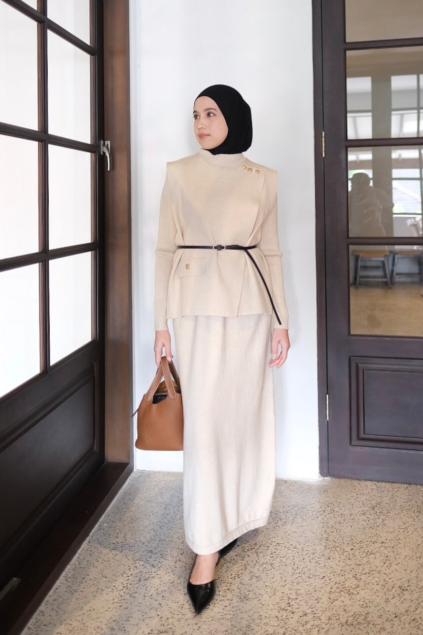 Jeana Set Vest - Cream - Set Vest Rajut Premium Wanita Setelan