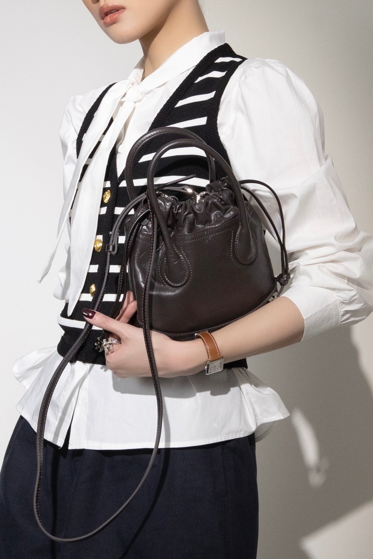 Mini Tote String Bag - Mini Tote Bag Wanita Bahan Grain Leather