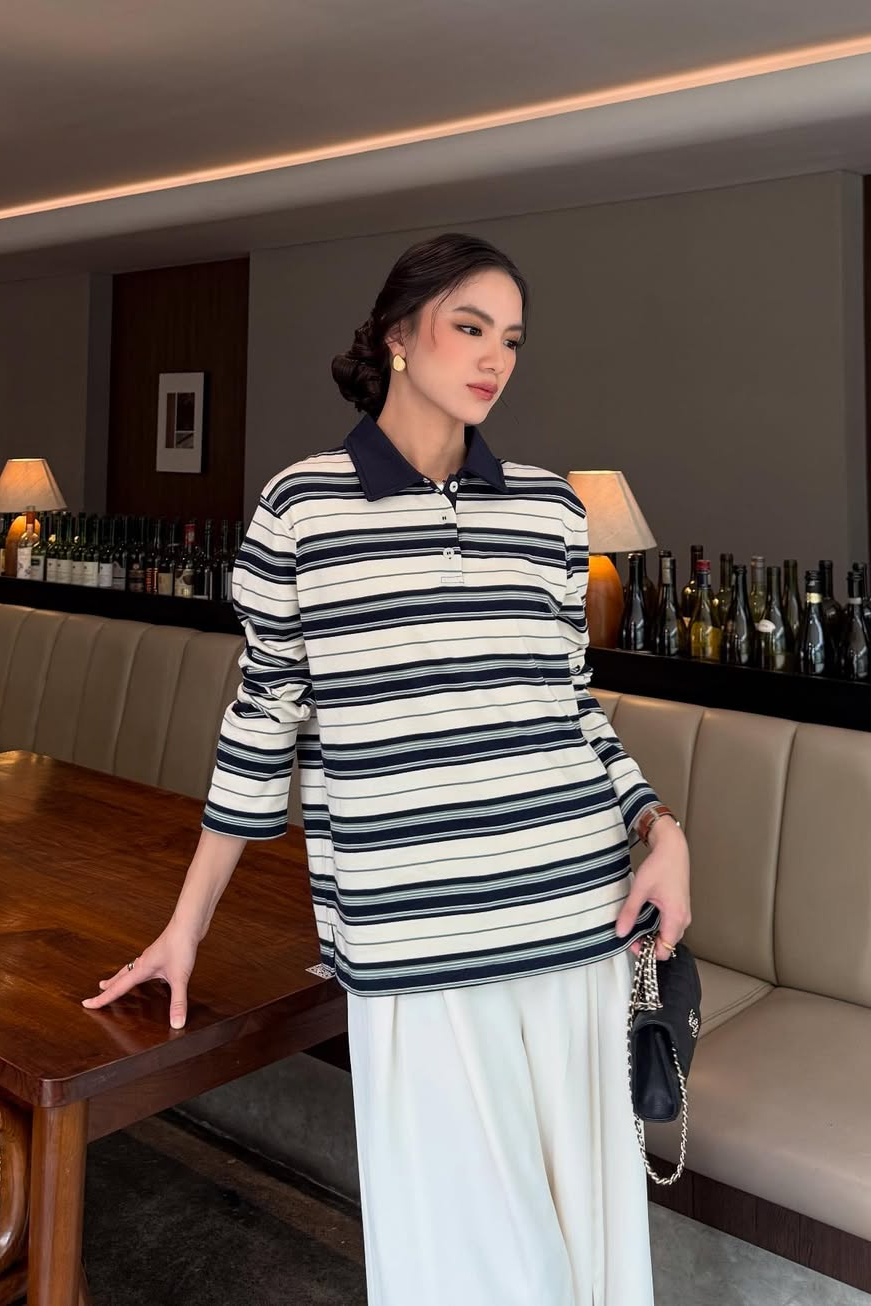 Polo Stripe T-Shirt - Atasan Wanita Stripe Berkerah