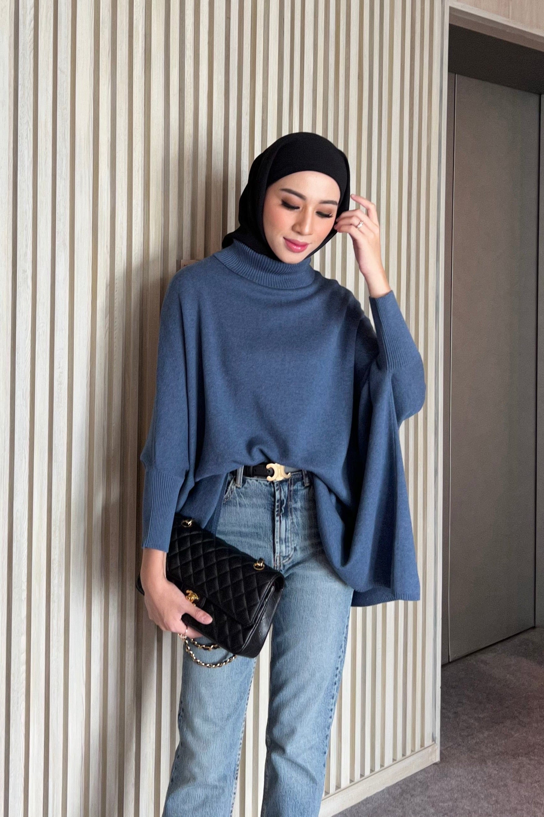 Kate Sweater - Denim - Sweater Batwing Kerah Turtleneck Bahan Knit