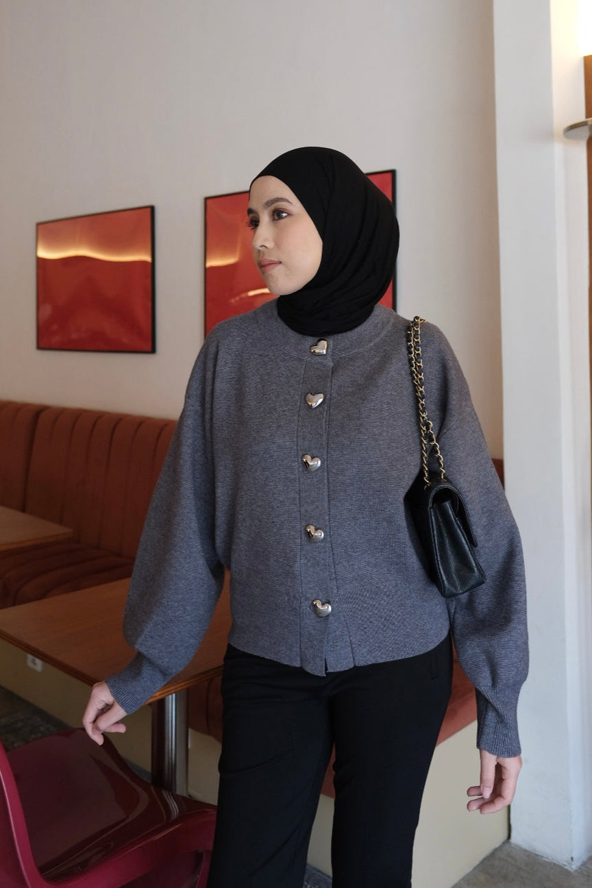 Love Button Cardy - Glass Grey - Cardigan Knit Wanita Lembut Berkancing Elegan