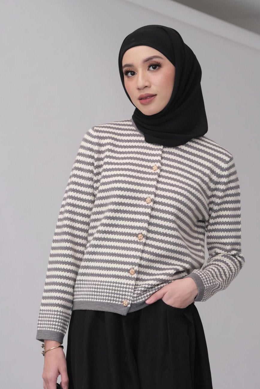 Boony Cardy - Grey - Cardigan Knit Wanita Motif Garis - KW2940300