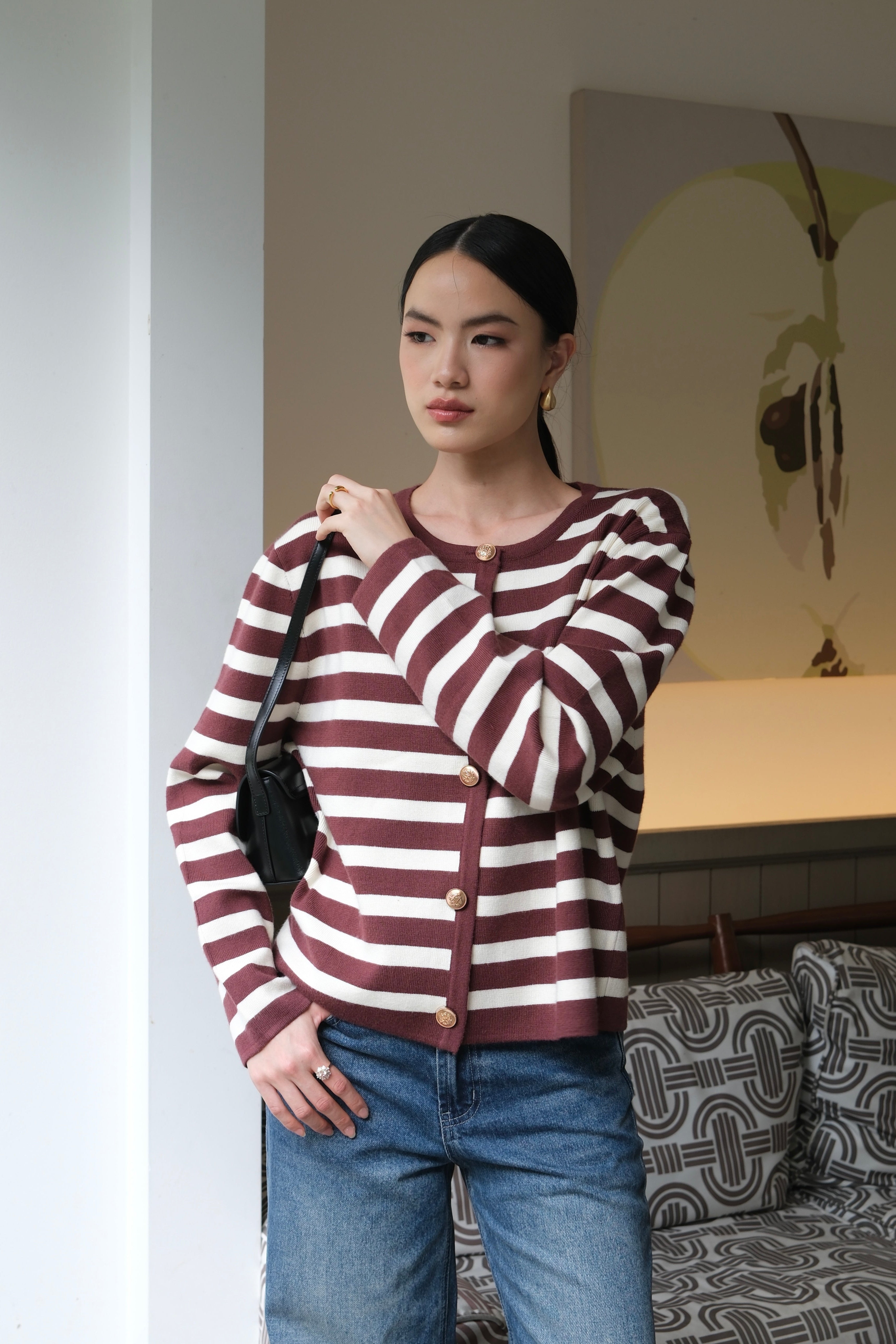 Moo Cardy - Cardigan Knit Stripe Kancing Wanita