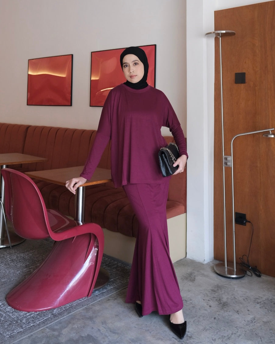 Batwing Set Mermaid Skirt - Magenta - Set Atasan Rok Wanita Bahan Rayon Spandex