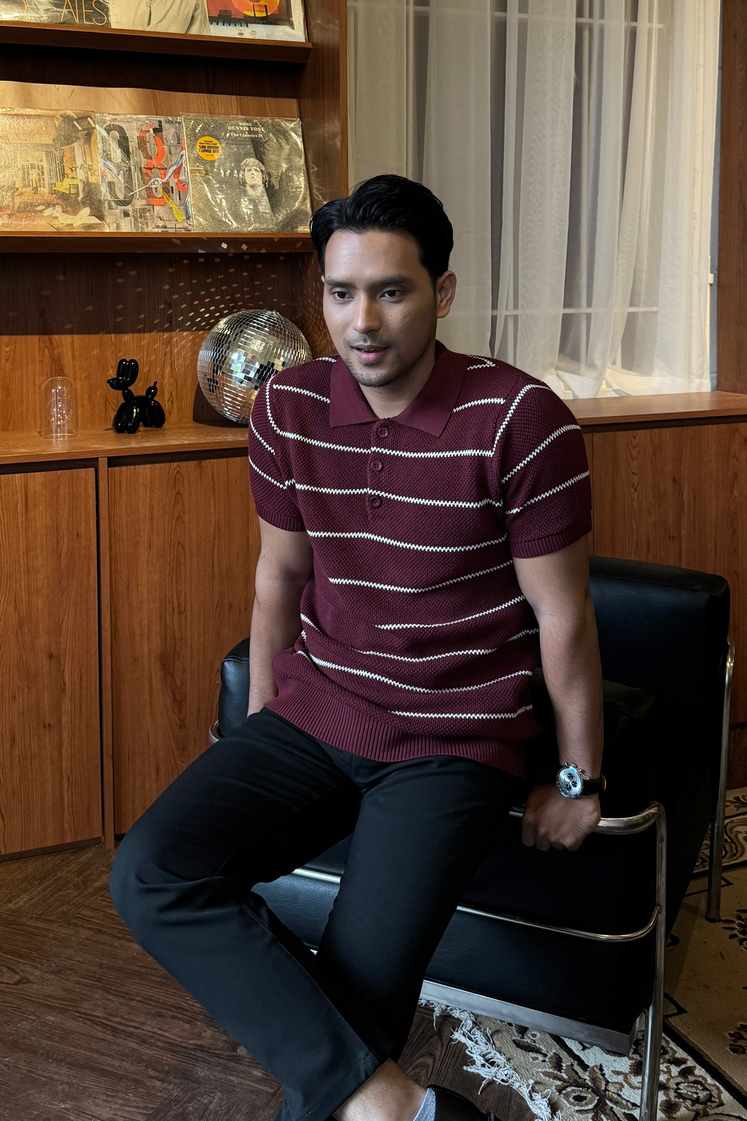 Polo Stripe Knit - Maroon - Atasan Knit Pria Stripe