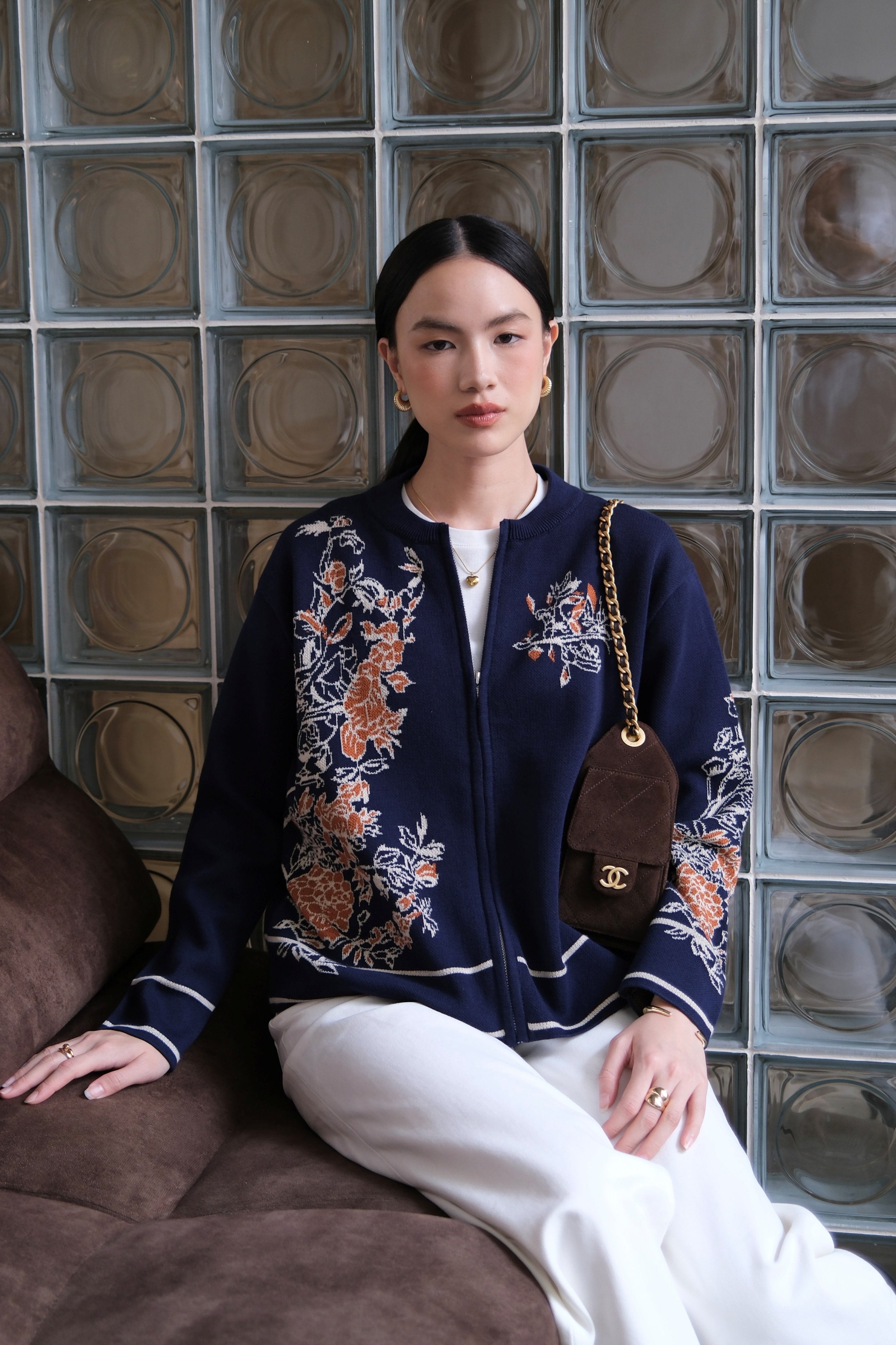Botanica Knit Cardy - Outerwear Rajut Wanita Model Round Neck Floral Style