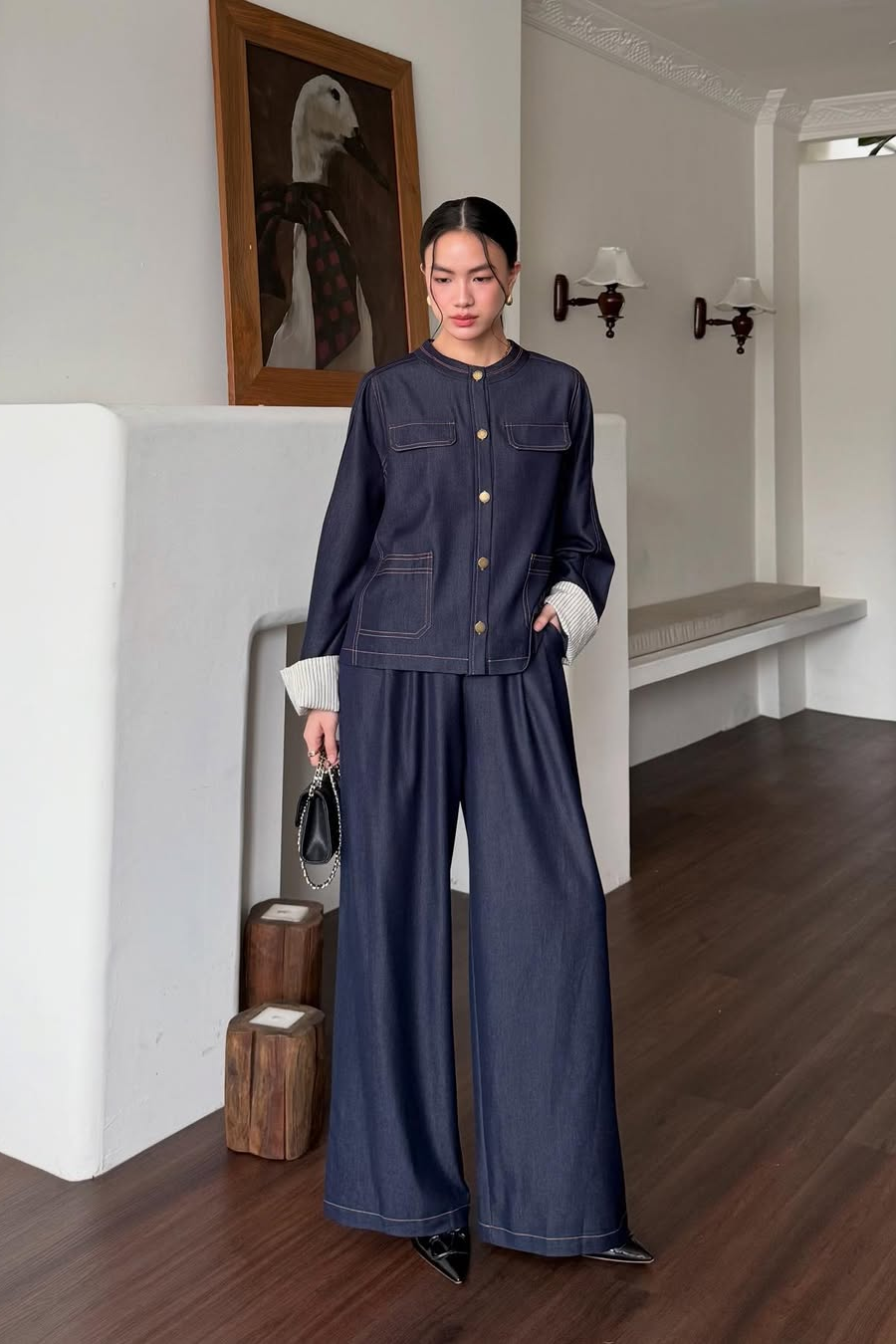 Pocket Denim Set - One Set Wanita Timeless Bahan Denim Import