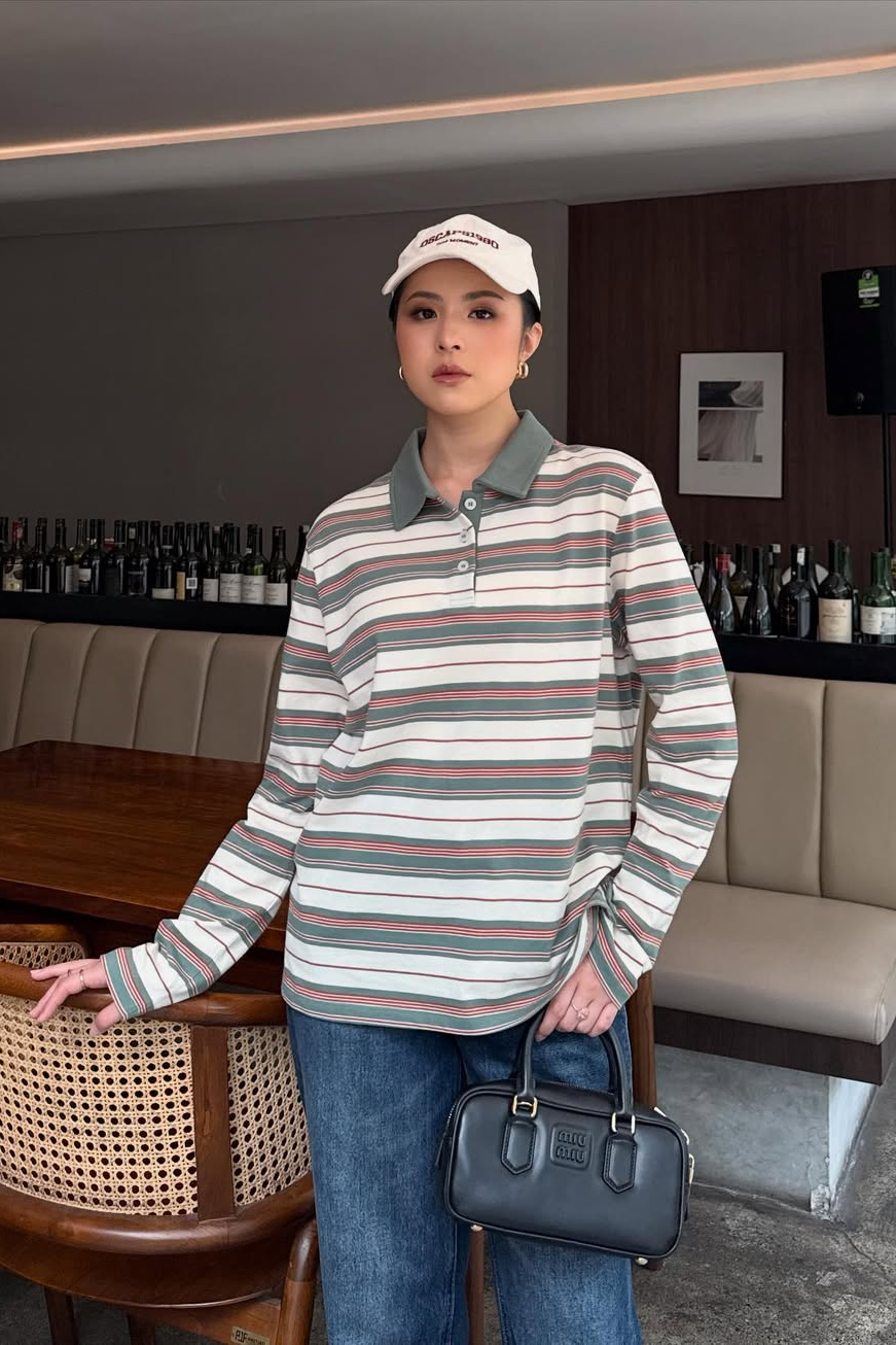 Polo Stripe T-Shirt - Atasan Wanita Stripe Berkerah