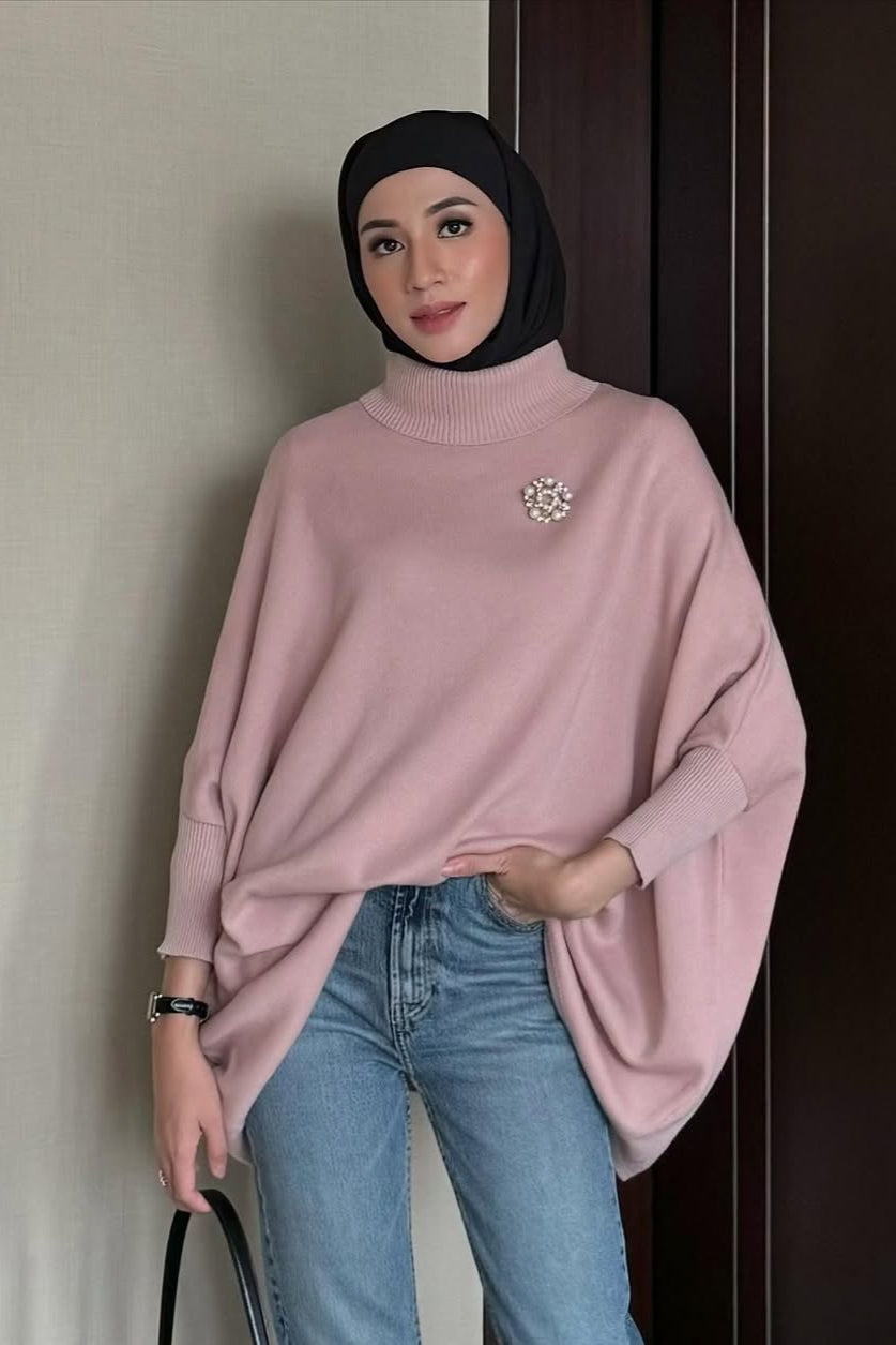 Kate Sweater - Tea Rose - Sweater Batwing Kerah Turtleneck Bahan Knit