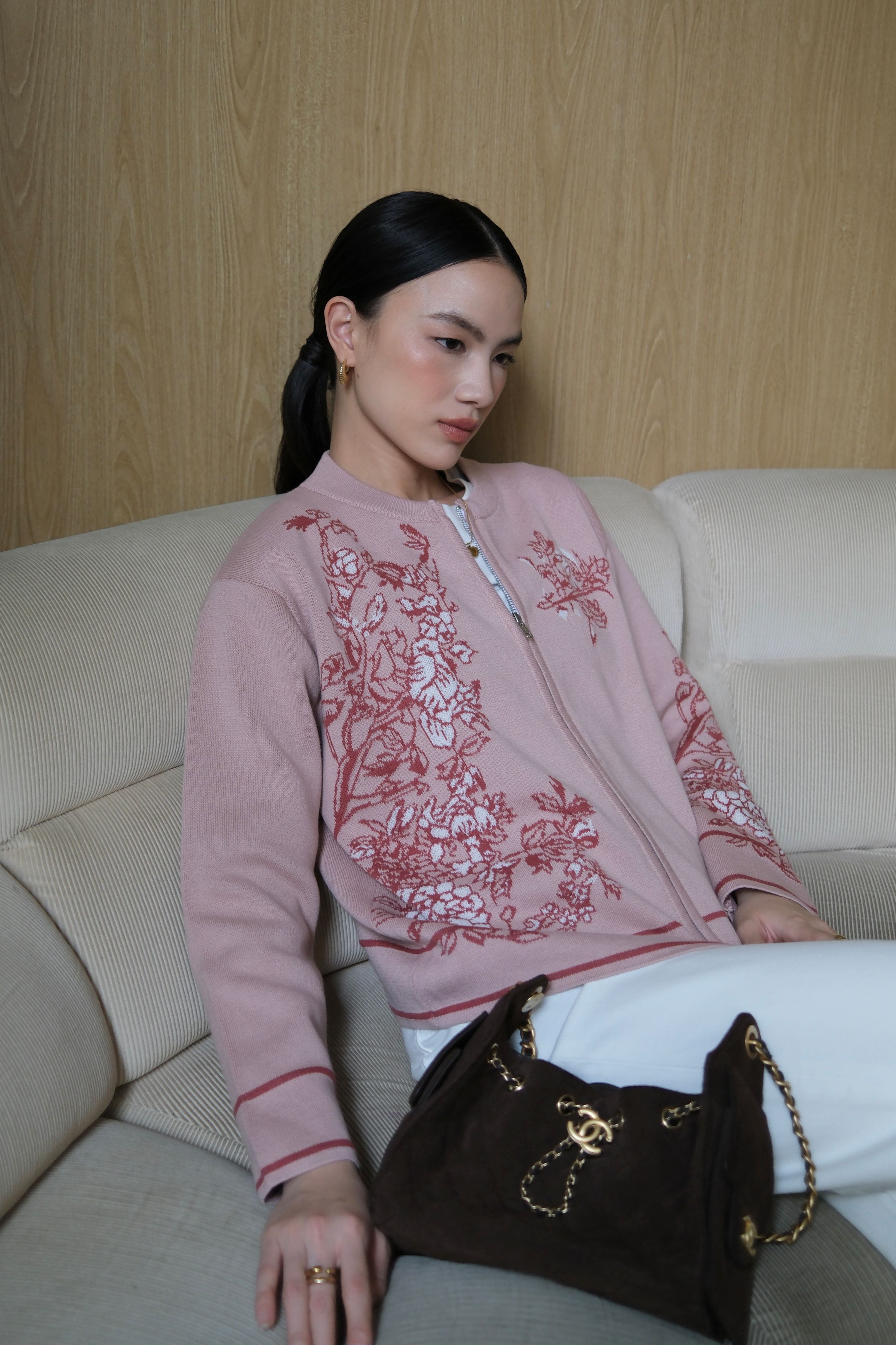 Botanica Knit Cardy - Outerwear Rajut Wanita Model Round Neck Floral Style