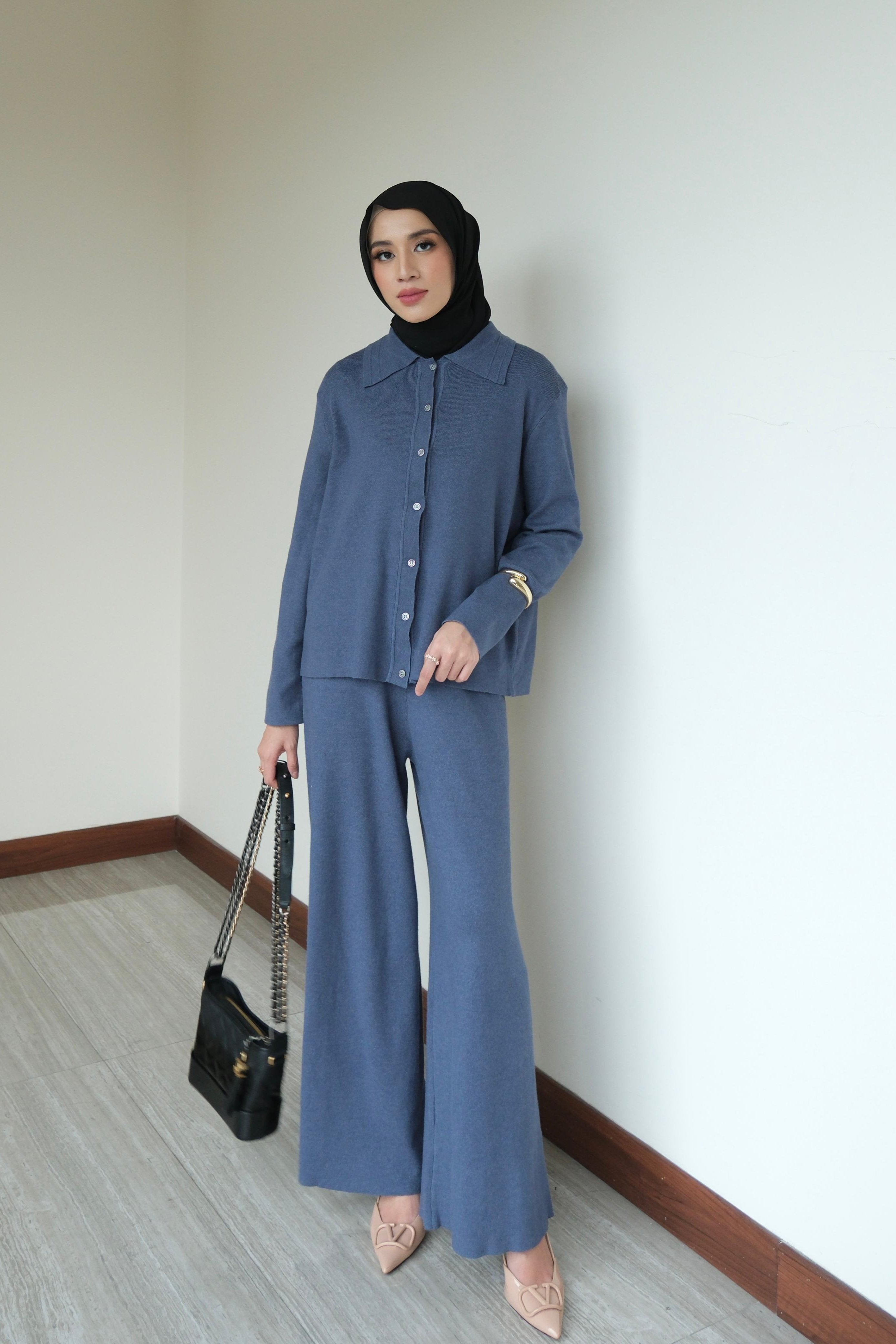 Safire Set - Denim - One Set Celana Bahan Knit Premium - ST2270190