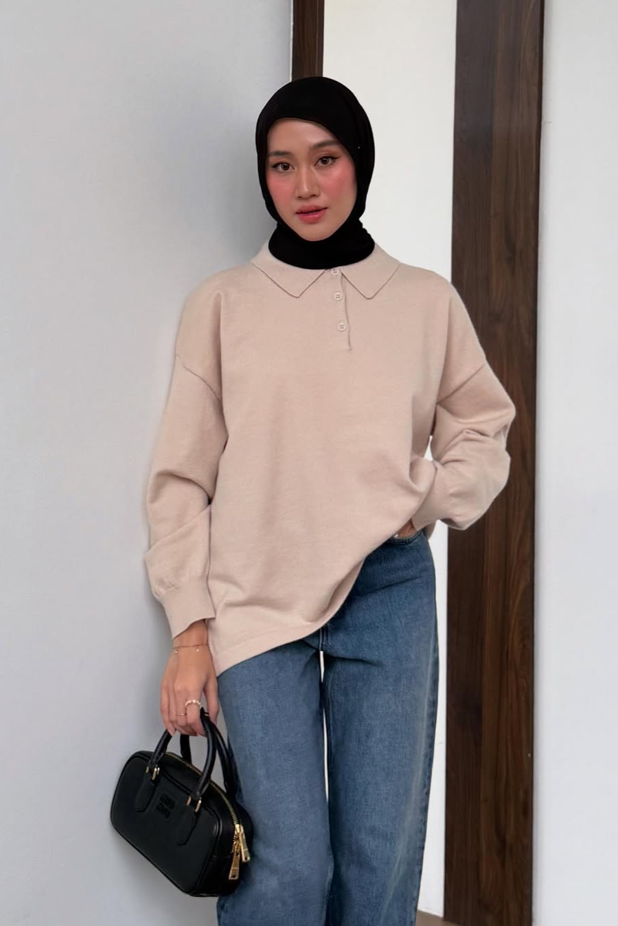 Polo Sweater - Ivory - Sweater Wanita Bahan Wool Acrylic Premium