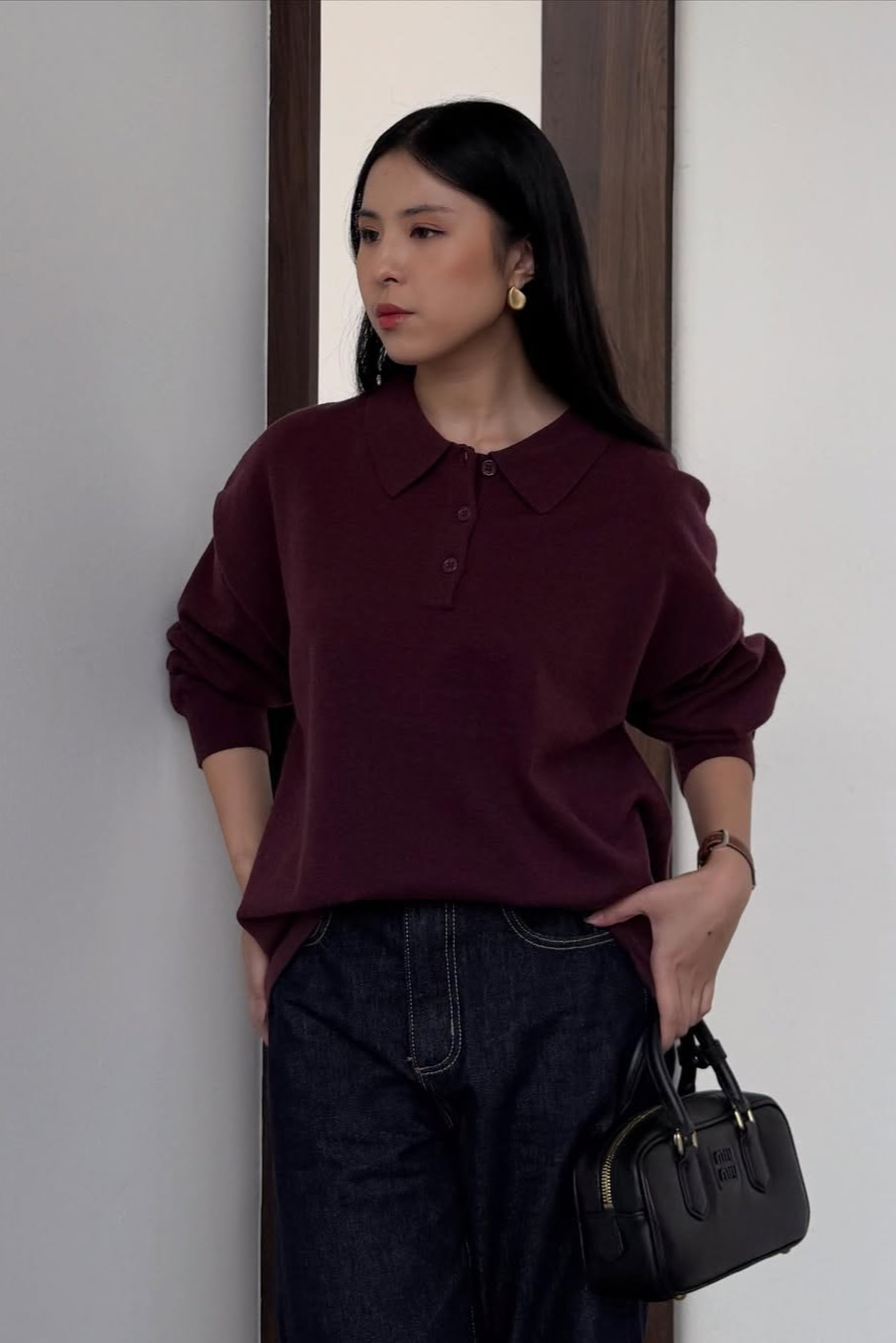Polo Sweater - Maroon - Sweater Wanita Bahan Wool Acrylic Premium