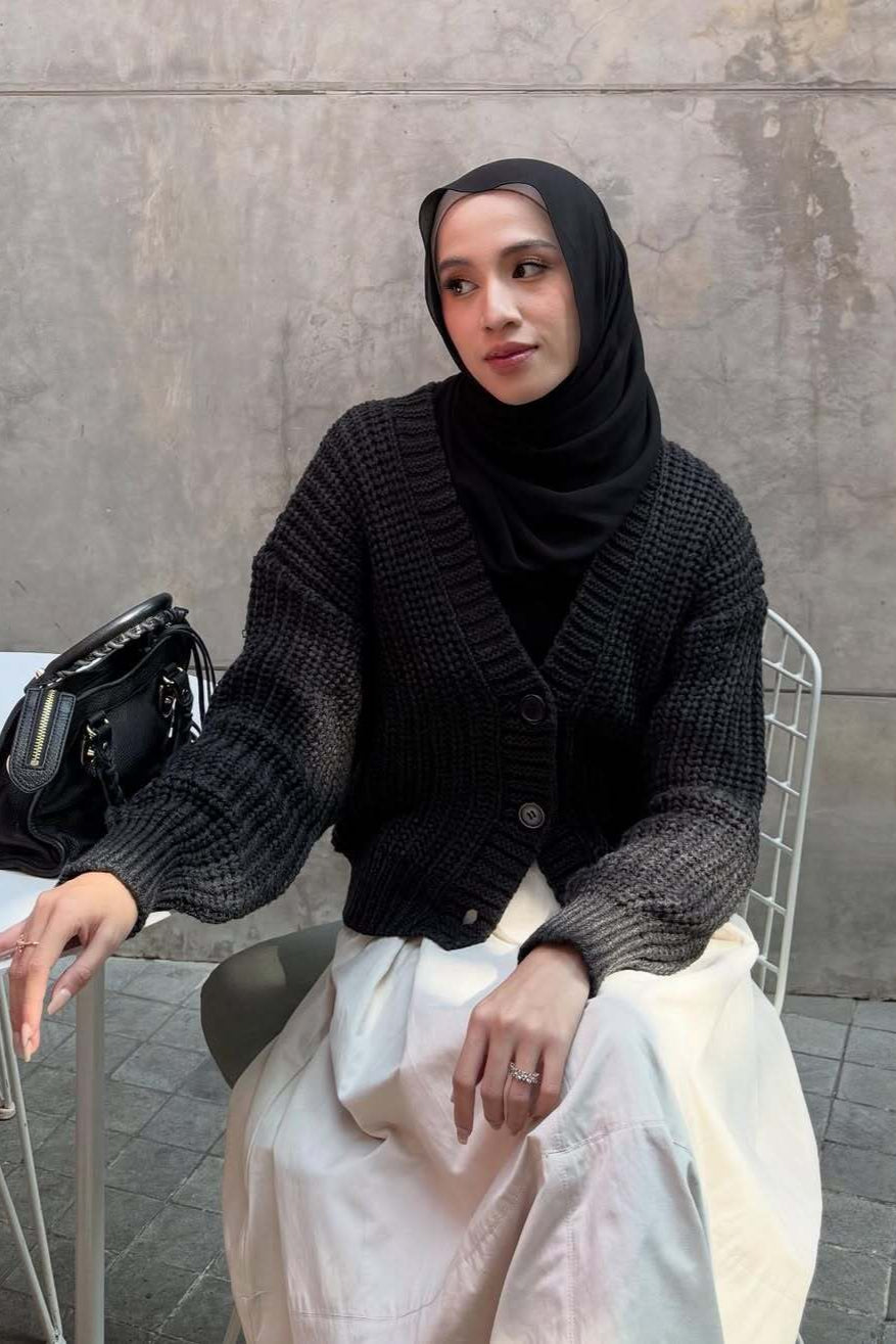 Aera Cardy - Black Grey - Cardigan Rajut Wanita Polos Simple Modest
