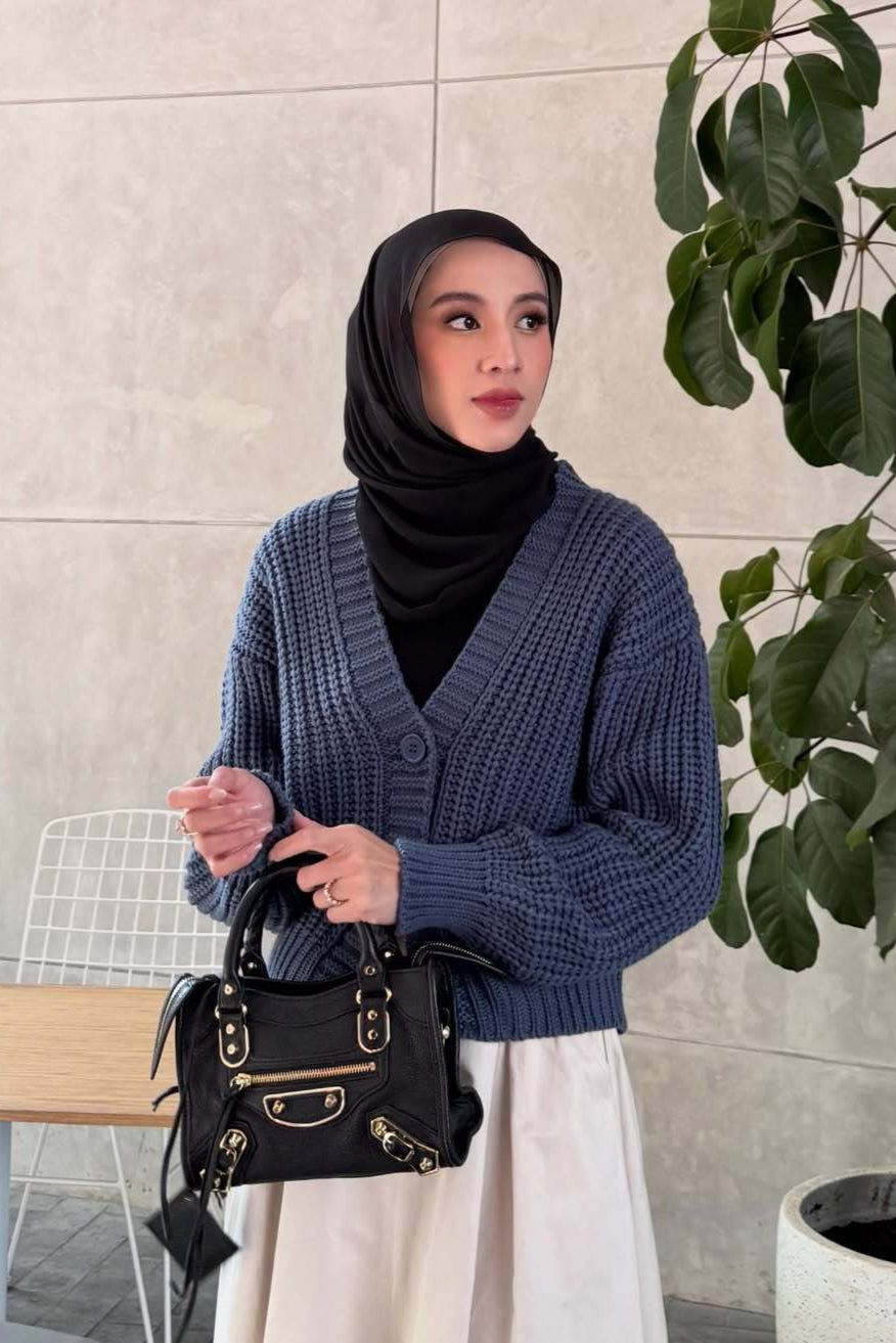 Aera Cardy - Denim - Cardigan Rajut Wanita Polos Simple Modest